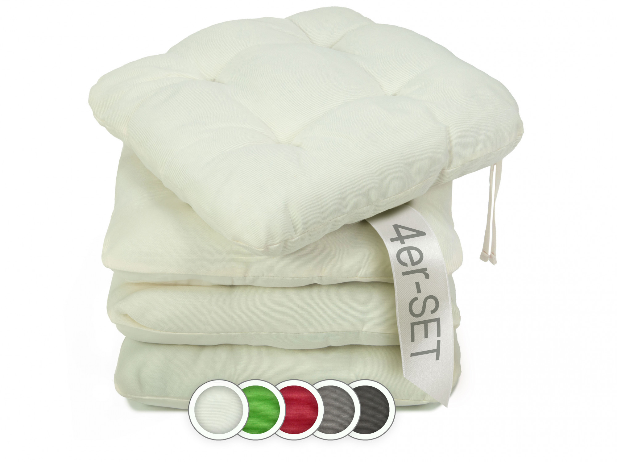 4er Set Stuhlkissen mit Bändern 38x38x6 cm creme