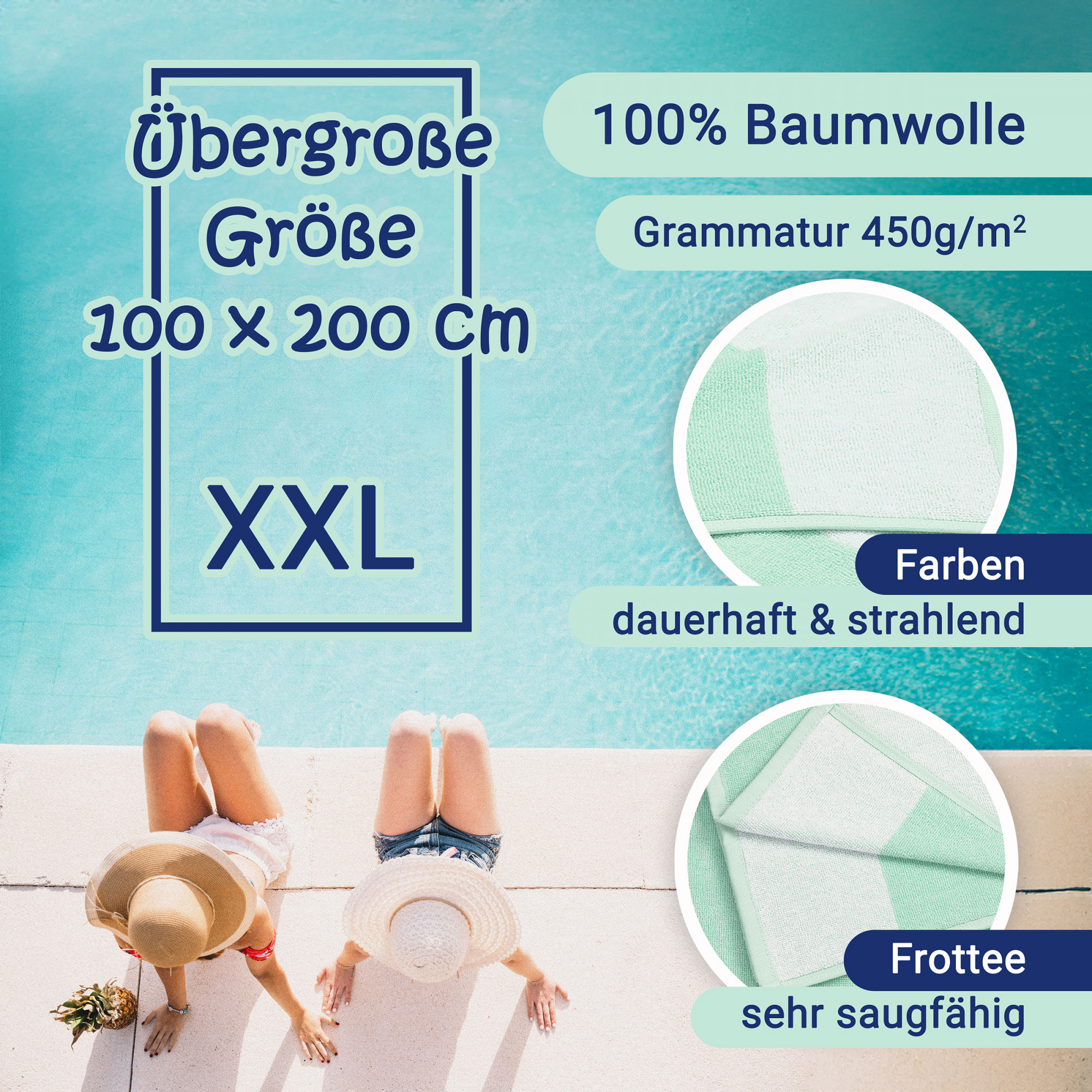 Strandtuch XXL 100x200 cm 100% Baumwolle mint-gestreift