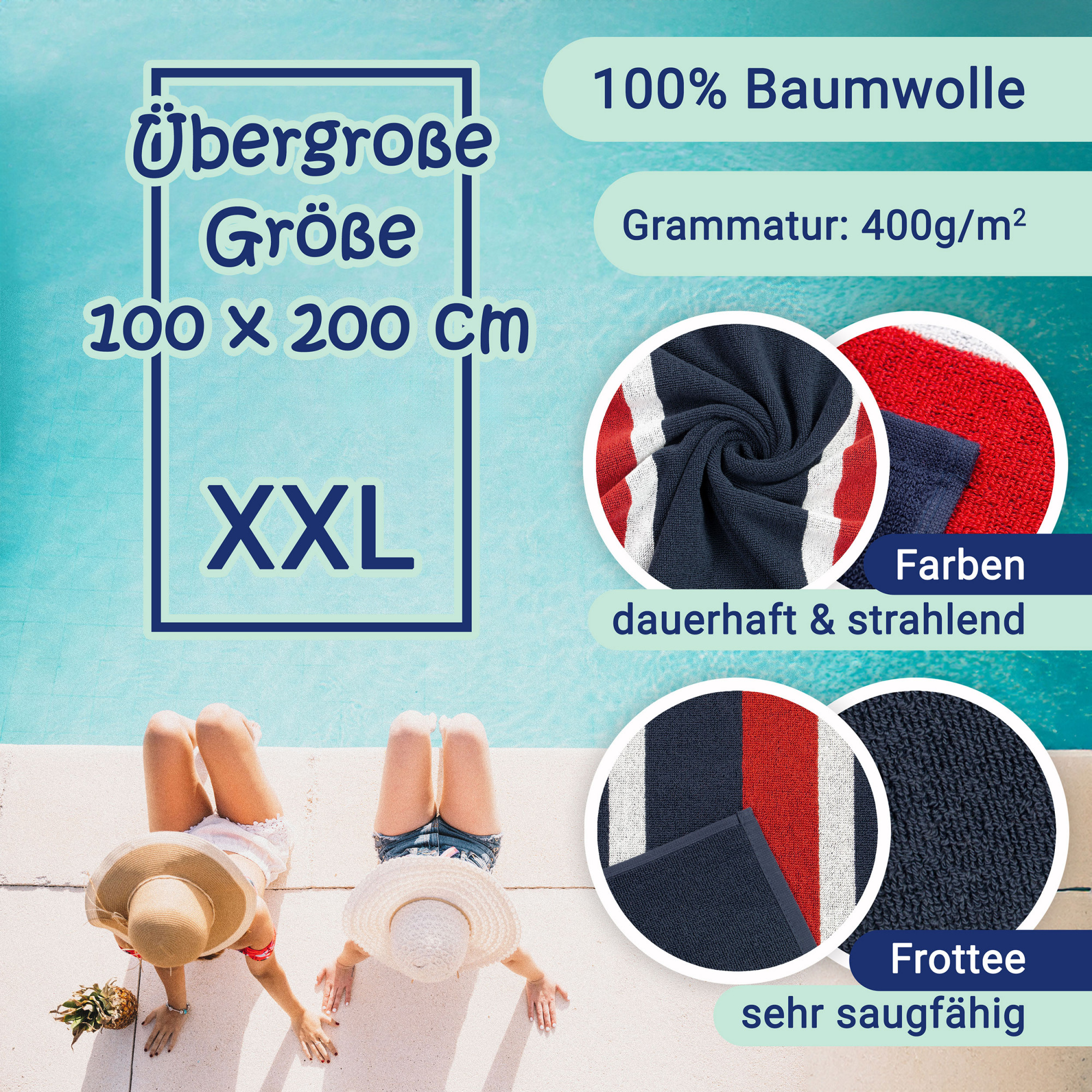 2er Set Strandtuch 100x200 cm Baumwolle blau-weiß-gestreift