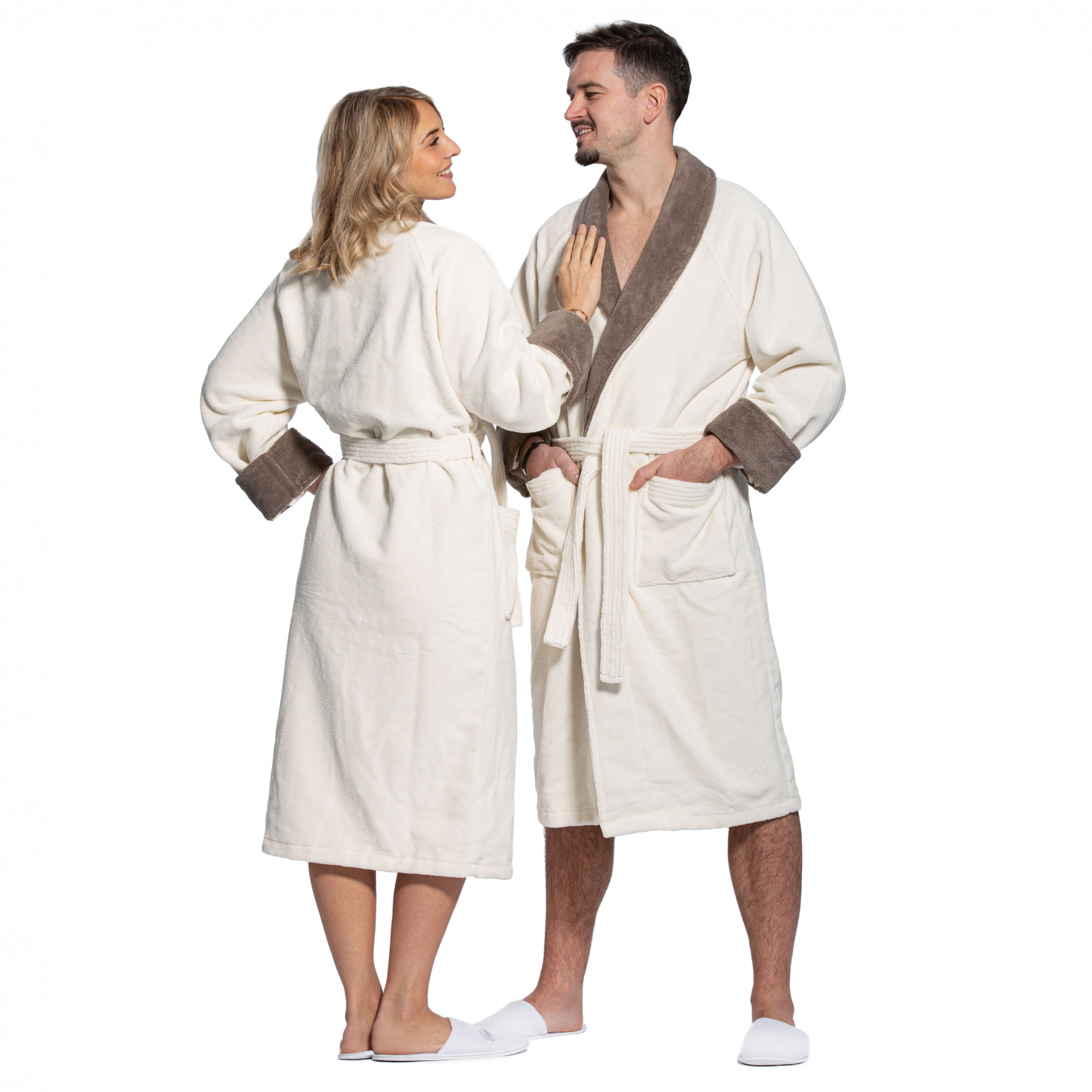 Unisex Bademantel zweifarbig Mischgewebe S creme-fango Hauptbild