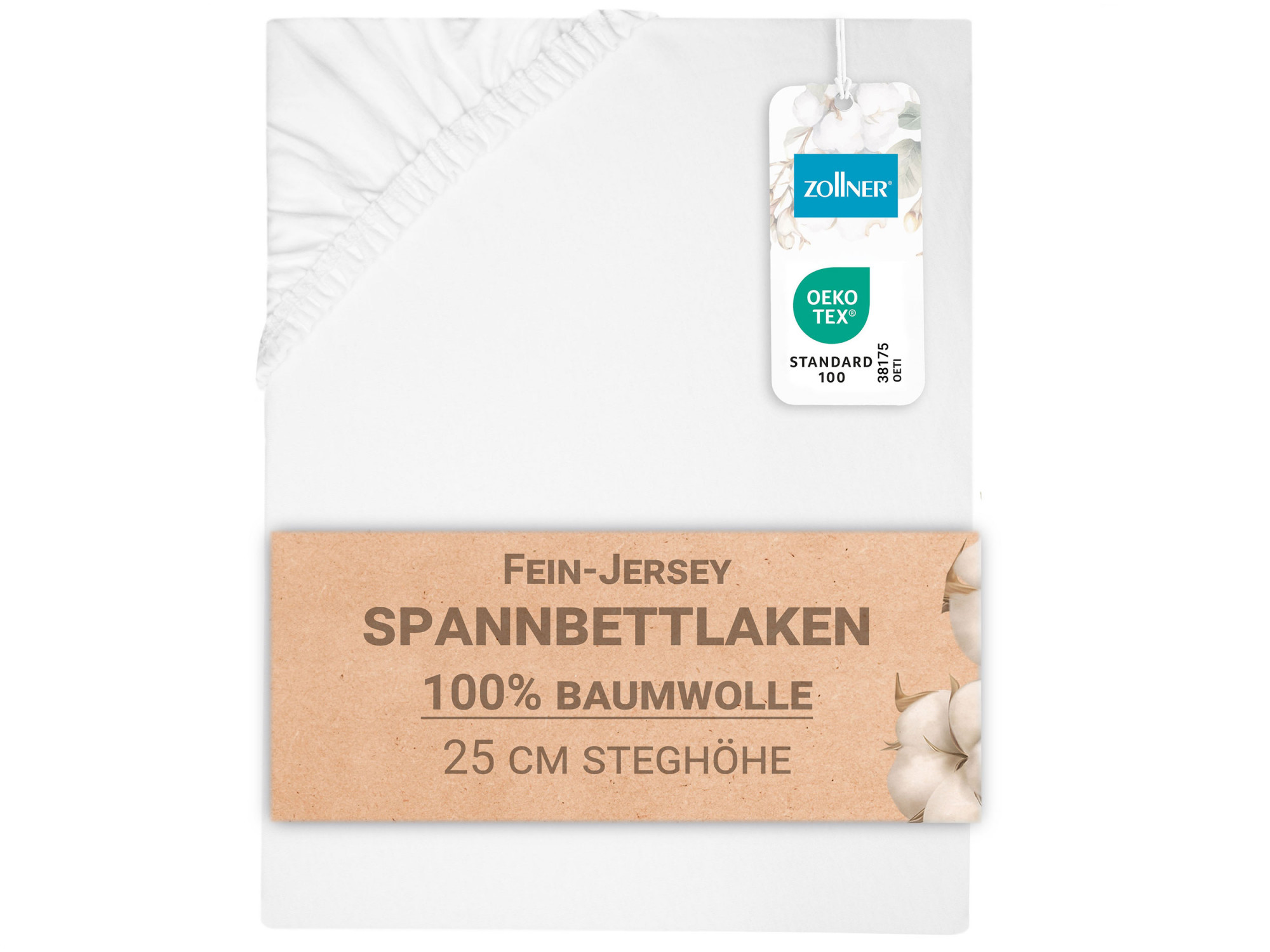 Spannbettlaken 100x200 cm 100% Baumwolle 25 cm Steg weiß Hauptbild