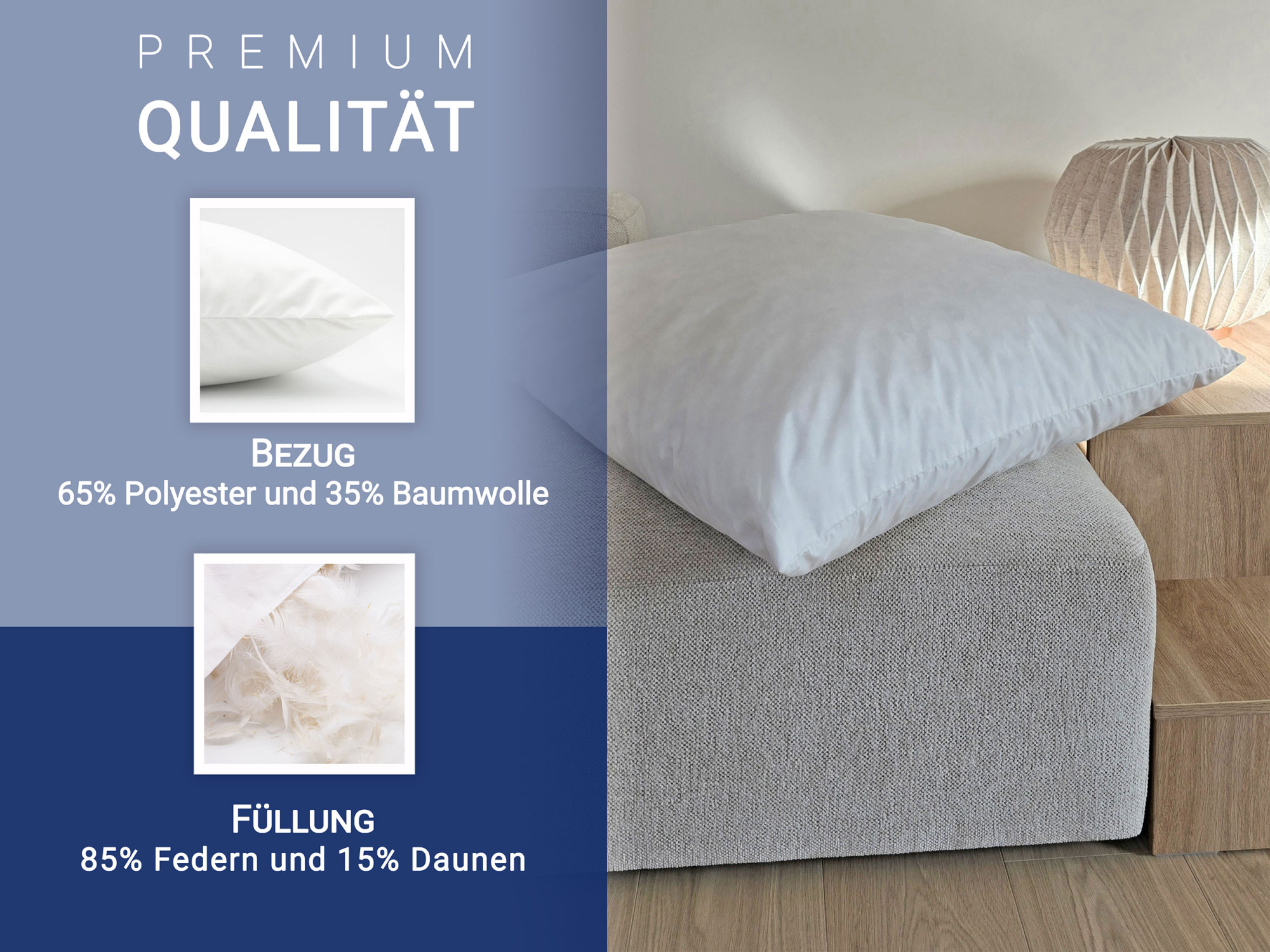 Kopfkissen 80x80 cm 85% Federn Füllung 1000 g