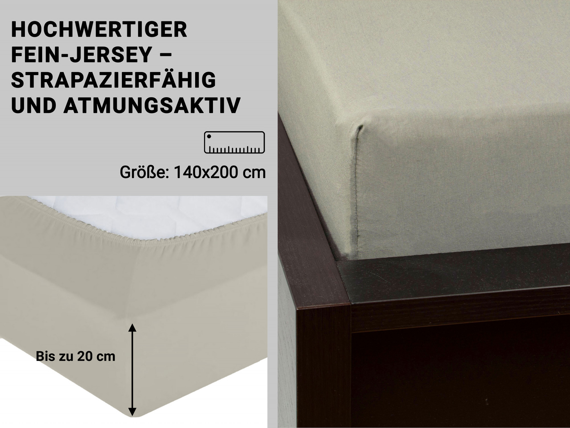 Spannbettlaken 140x200 cm Baumwolle 20 cm Steg hellgrau