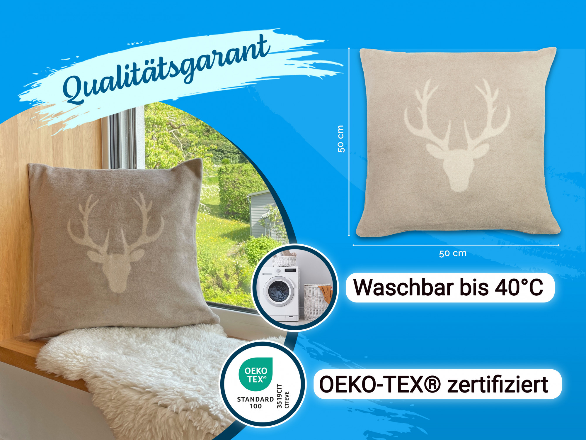2er Set Kissen und Kissenbezug Hirschkopf 50x50 cm fango-creme