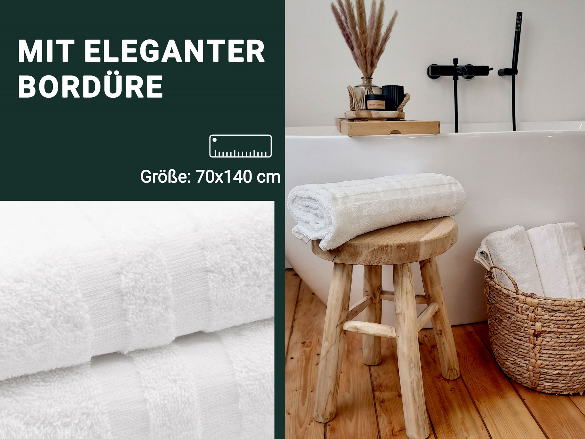 2er Set Duschtücher 70x140 cm Baumwolle 450 g/qm weiß
