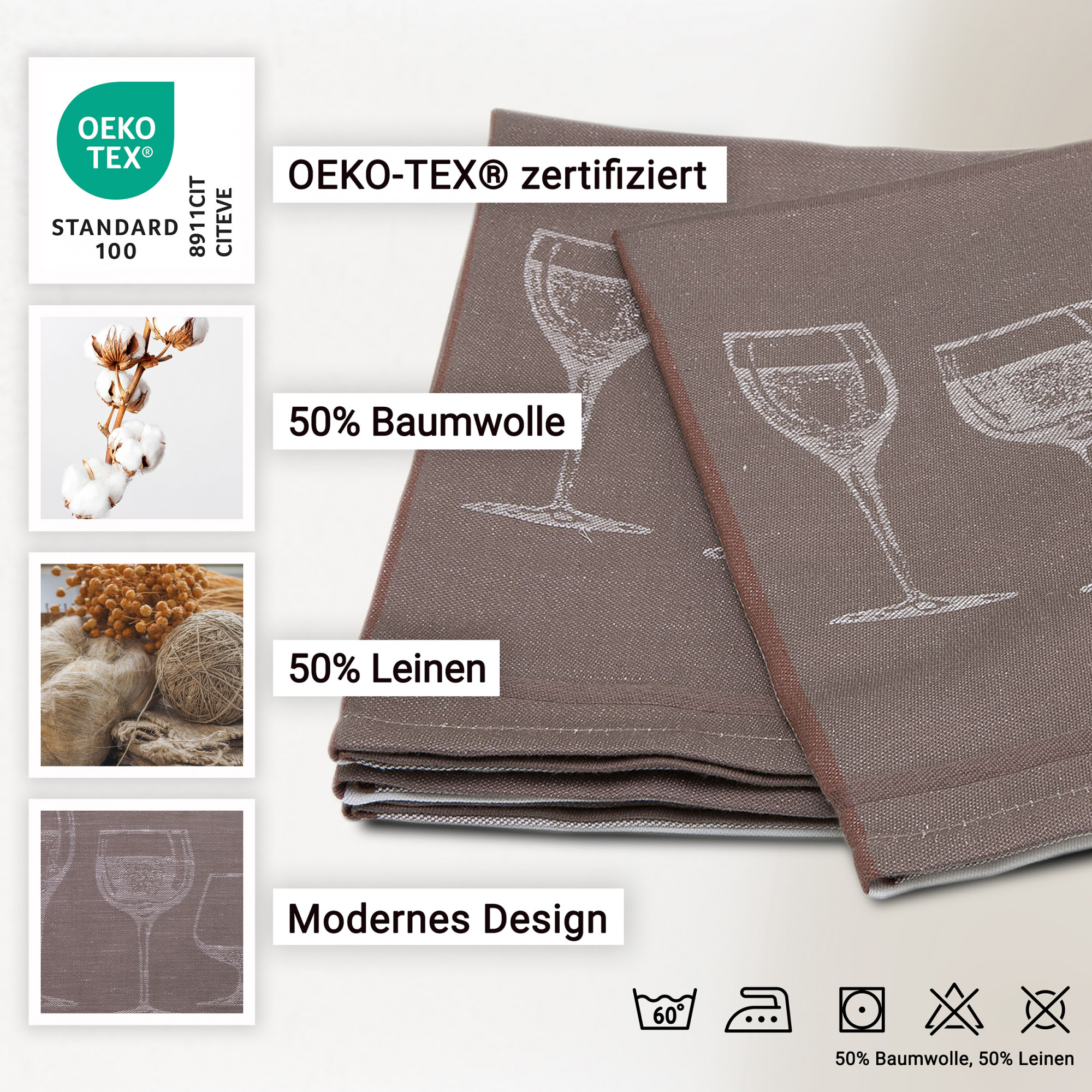 4er Set Geschirrtücher Halbleinen 50x70 cm braun