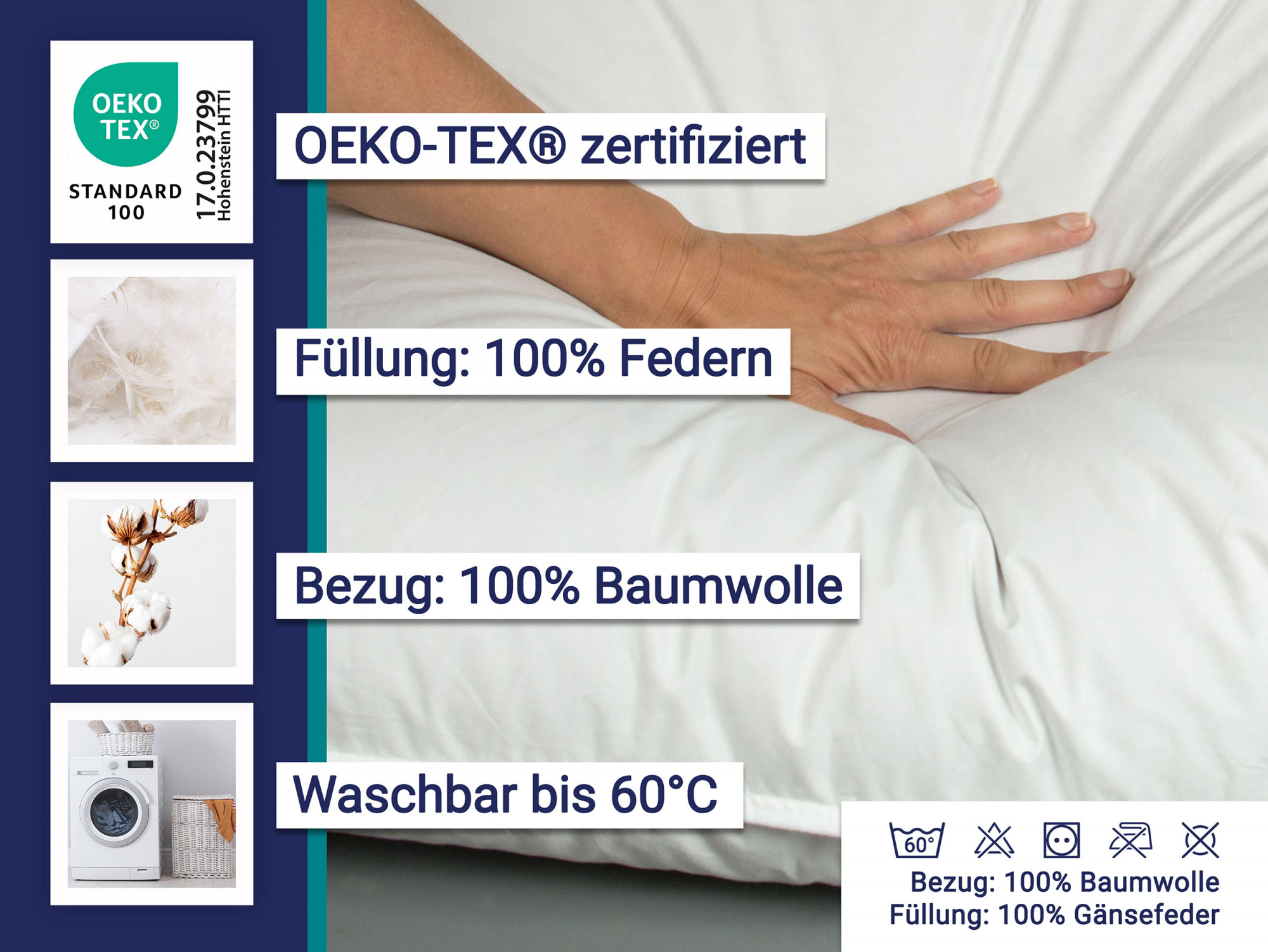 Kopfkissen 60x80 cm 100% Federn Füllung 1000 g