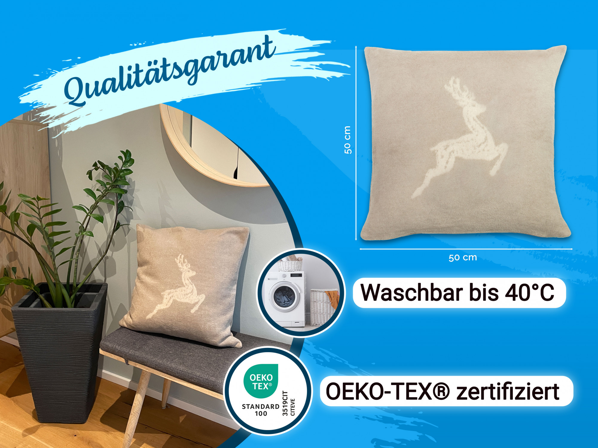 Kissenbezug Hirscheinwebung 50x50 cm fango-creme