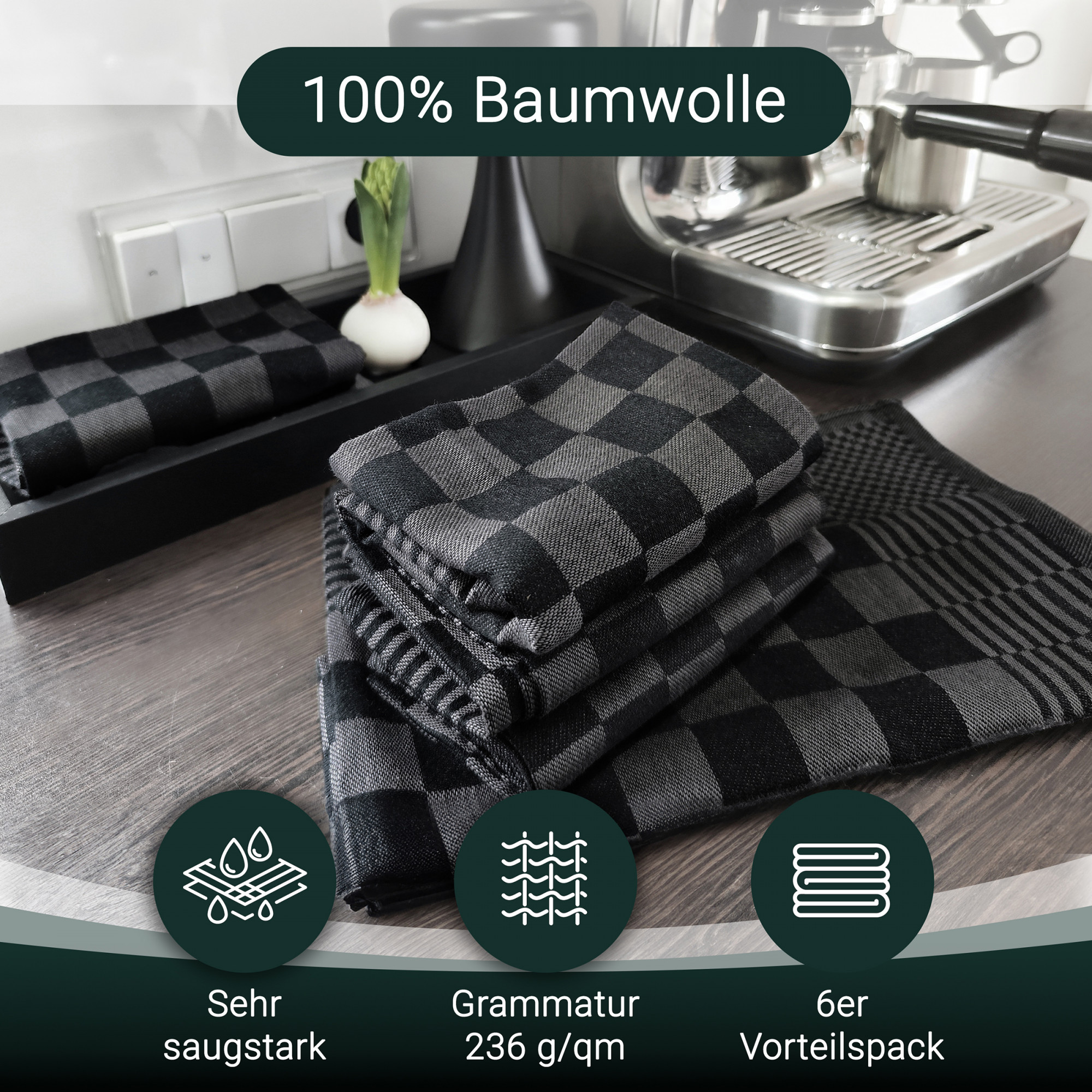 6er Set Geschirrtücher Baumwolle 65x65 cm schwarz-kariert