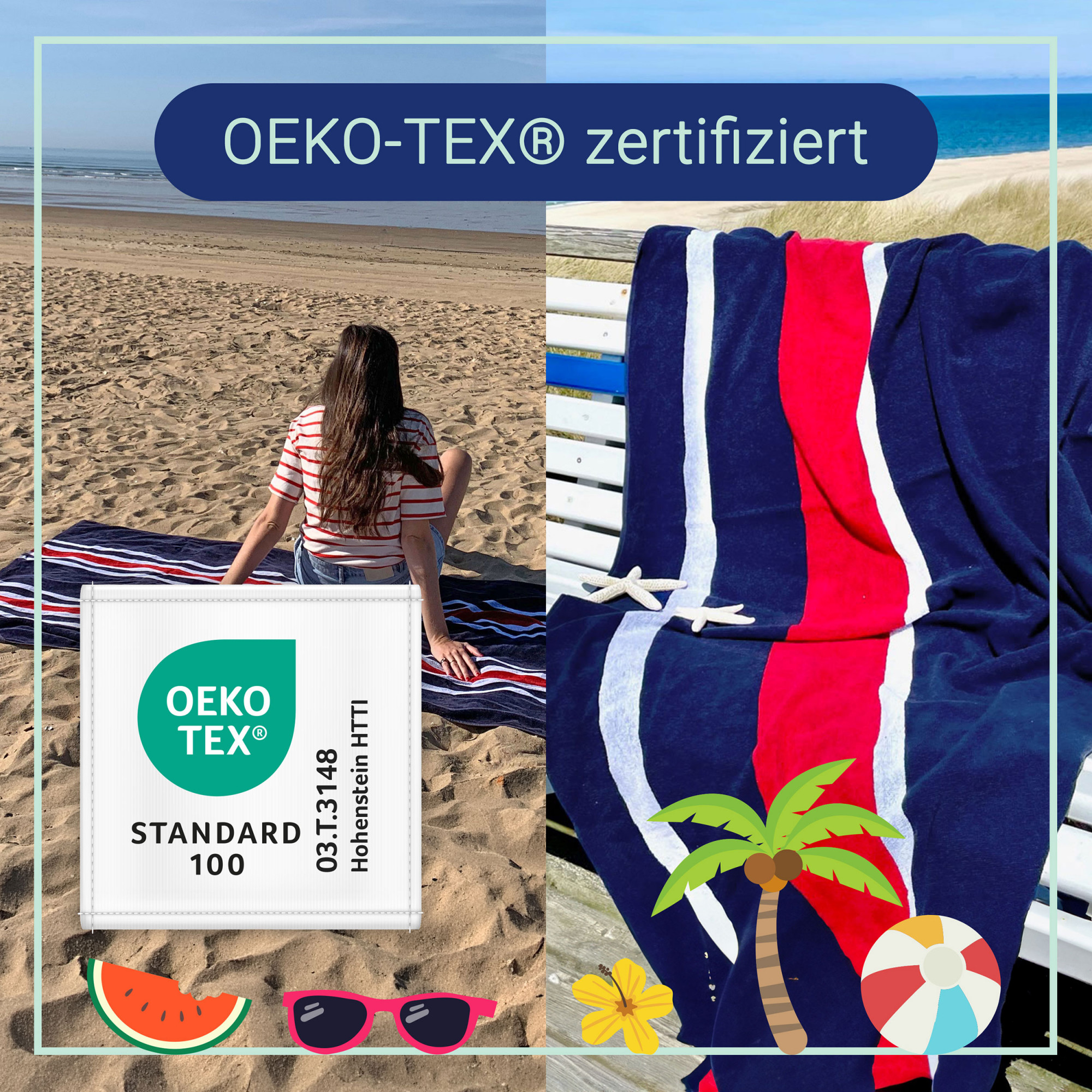 2er Set Strandtuch 100x200 cm 100% Baumwolle blau-rot