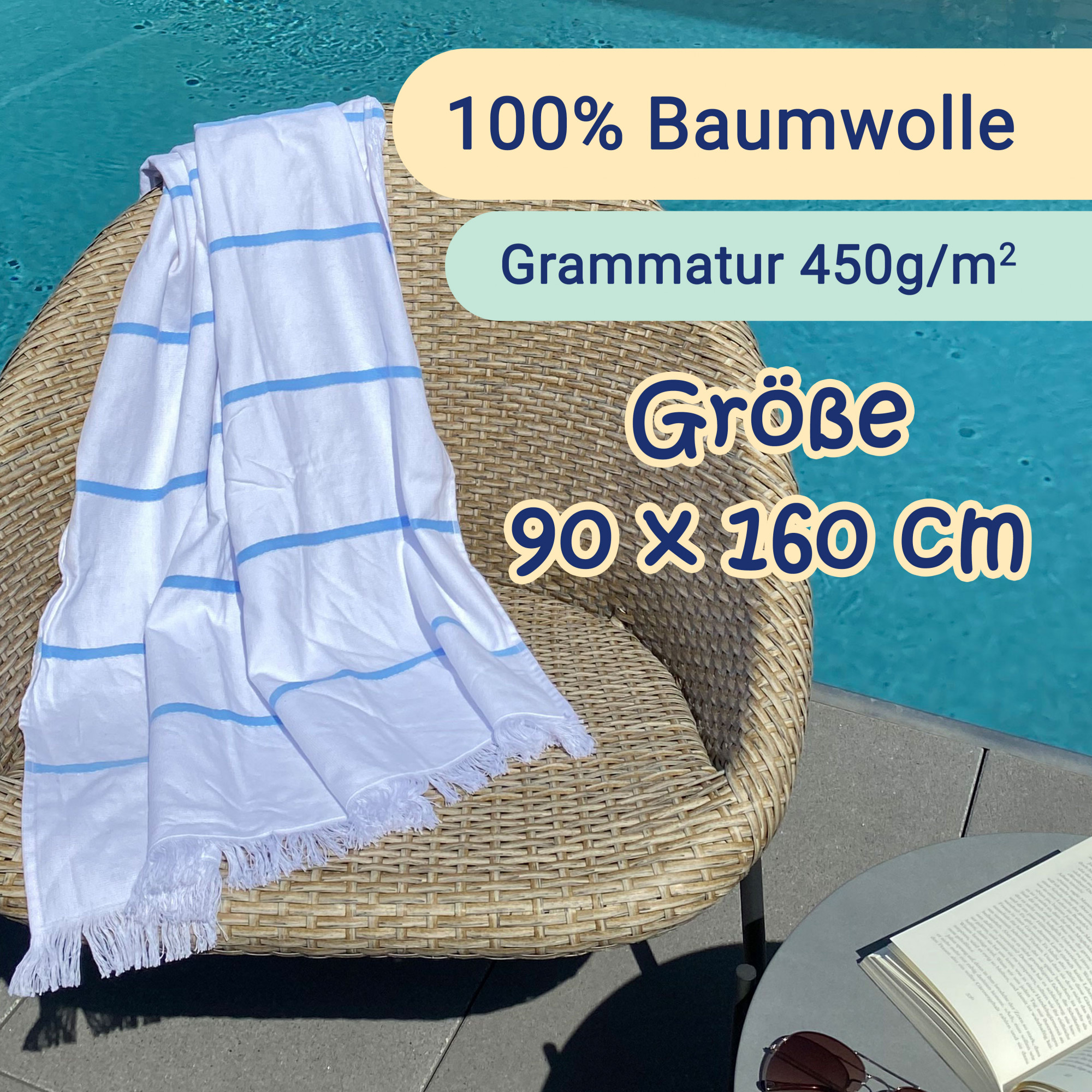 Strandtuch 90x160 cm 100% Baumwolle weiß-blau-gestreift