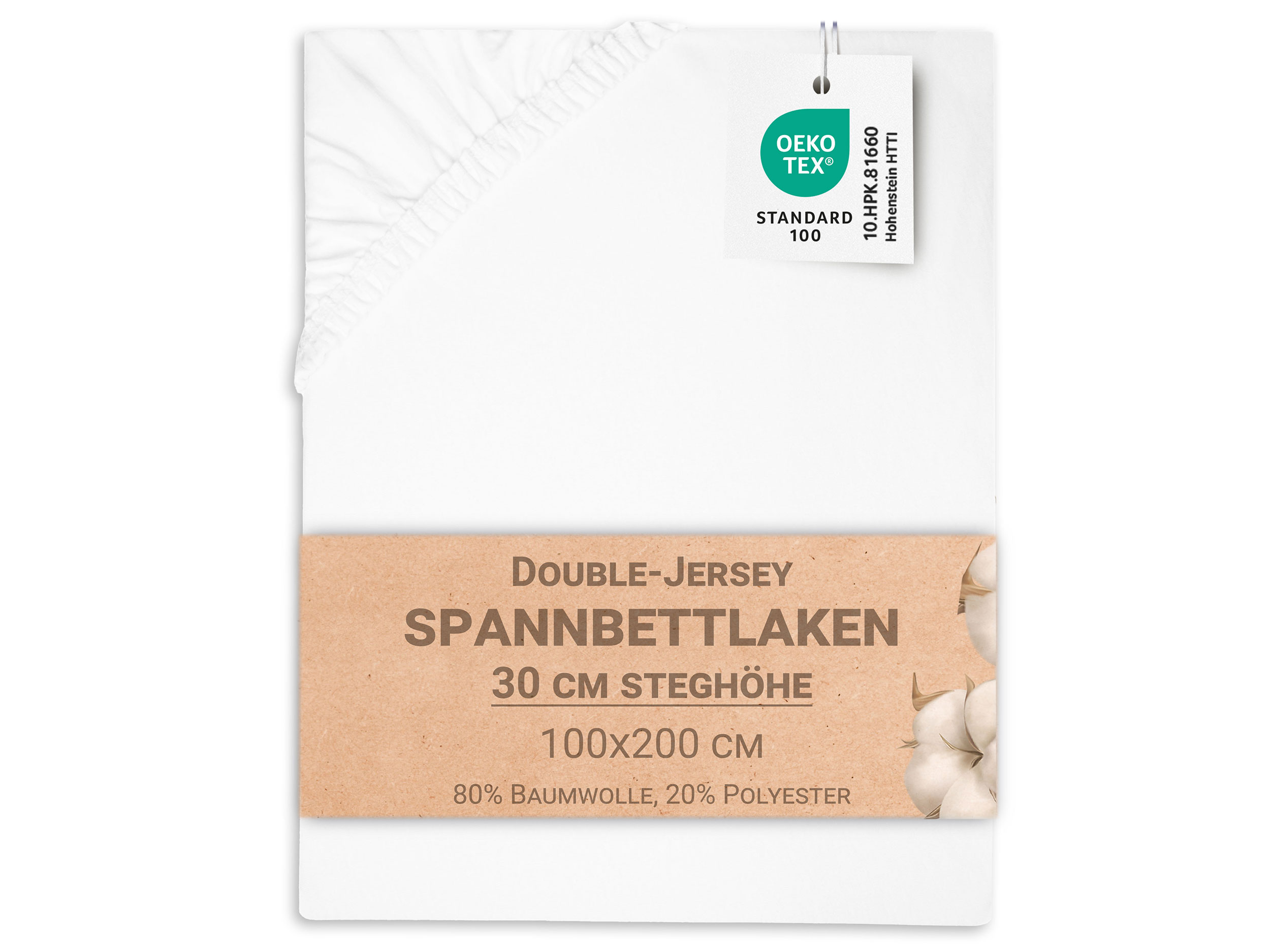 Spannbettlaken 100x200 cm 80% Baumwolle 30 cm Steg weiß Hauptbild